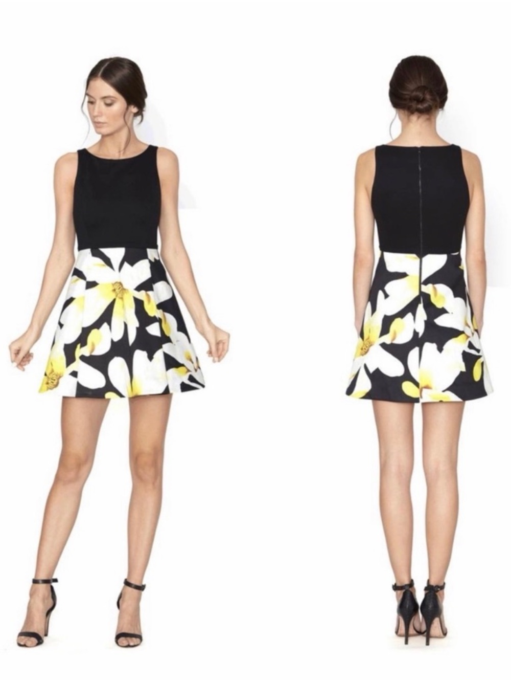 Alice + Olivia Black Kourtney Floral Mini Dress with Yellow & White Print Size 2